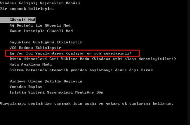 Bilinen-Son-Iyi-Yapilandirmayi-Kullanma Windows Giriş Sırasında Donma ve Yeniden Başlatma Sorunlarını Çözme