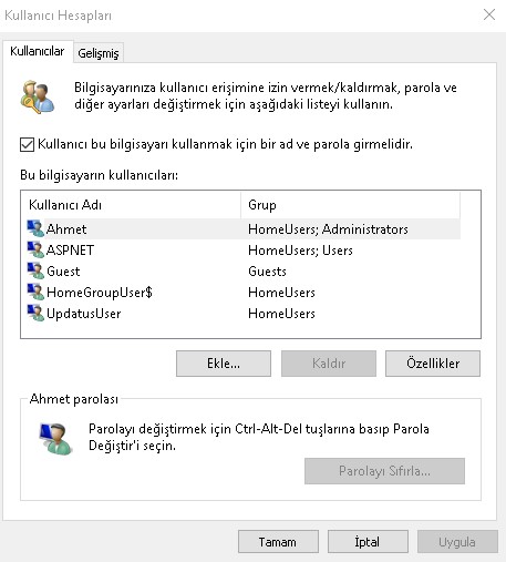 netplwiz-ile-giris-sifresi-kaldirma Windows 10 Giriş Şifresi Kaldırma