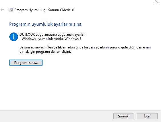 outlook-uyumluluk-ayarlama Outlook Exe Giriş Noktası Bulunamadı